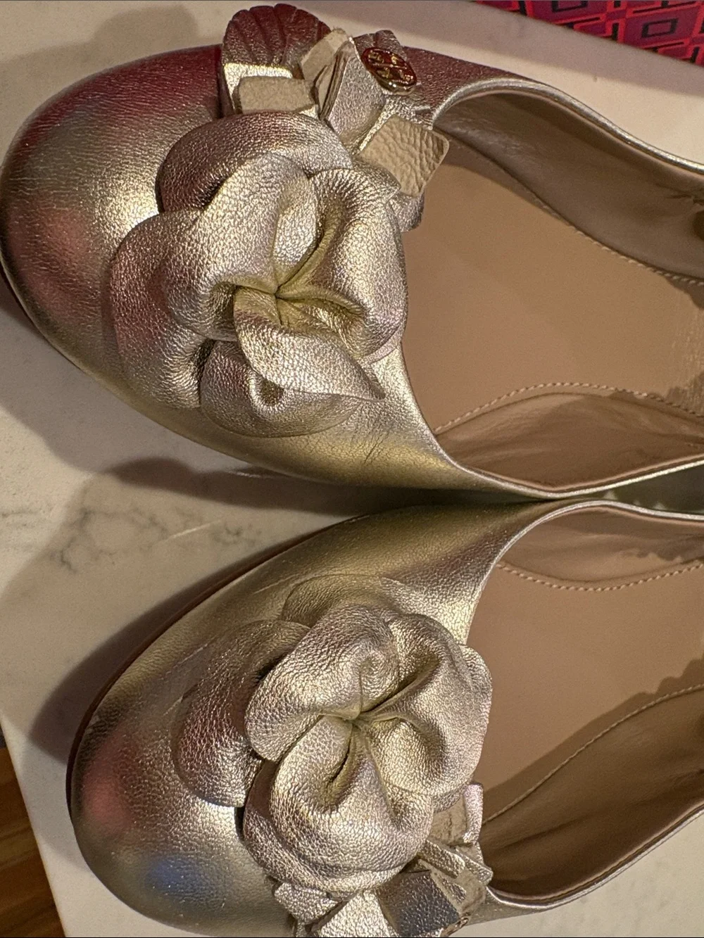 EUC Tory Burch Gold Floral Leather Ballet Flats